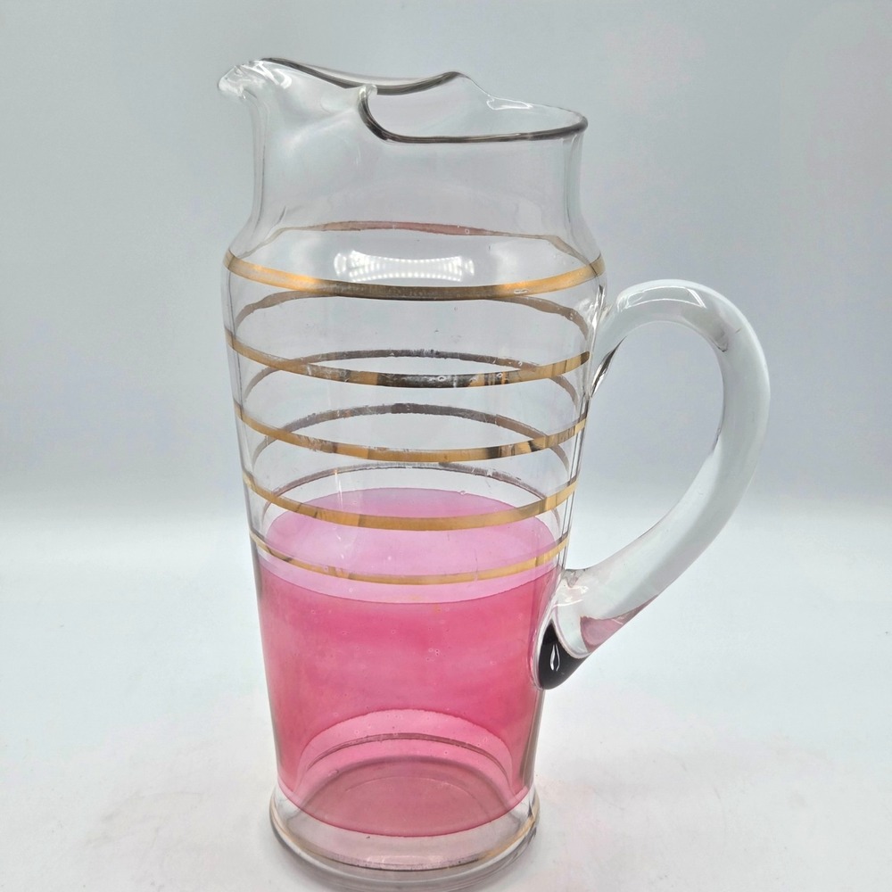 MCM Pink and Clear Glass Water Pitcher With Gold Stripes‎ Barware